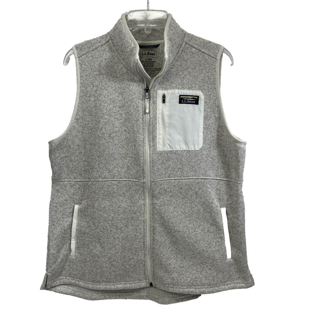 LL Bean Beige Full Zip Sweater Vest Women's Size L Petite Pockets Logo